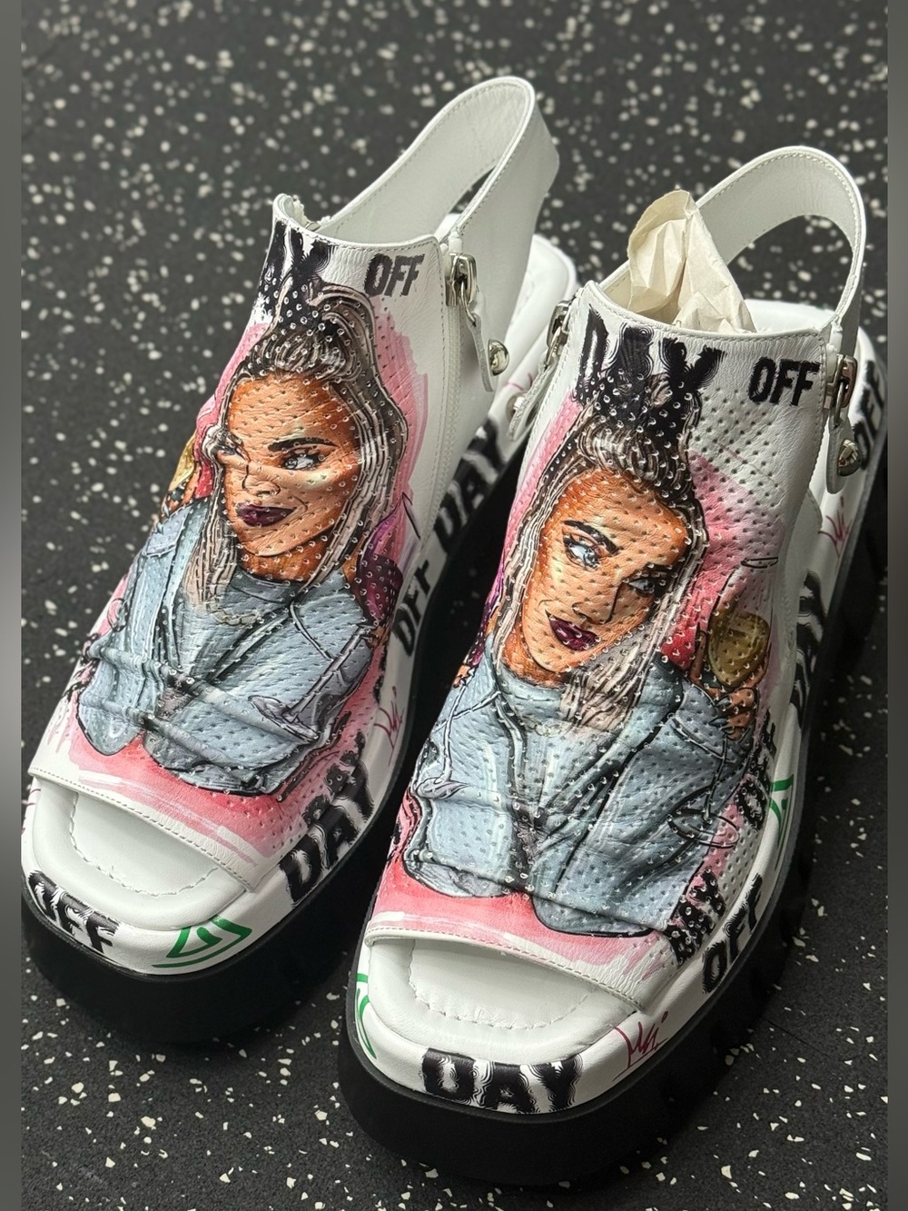 Women’s White Platform Sandals with Pink Graphic Art